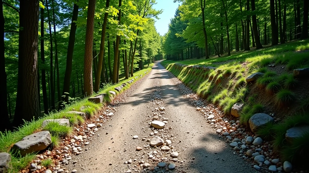 Kalnų takas su žvyrais ir akmenimis, vedantis į viršų per miško plotą
