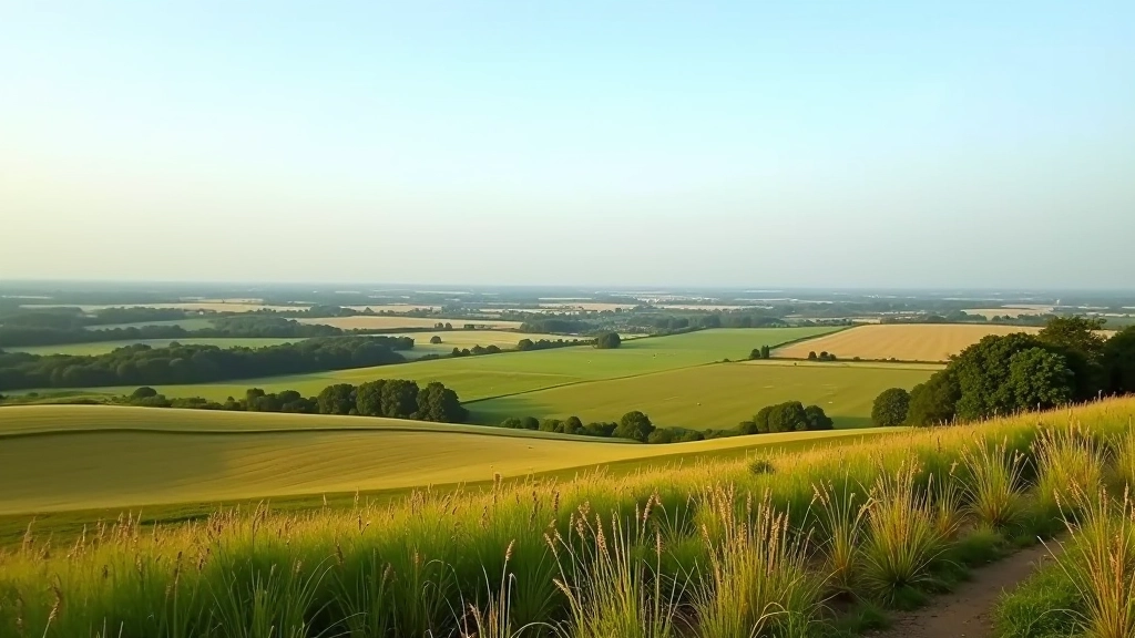 Panoraminis vaizdas iš apžvalgos aikštės į laukus ir tolimą horizontą su debesimis